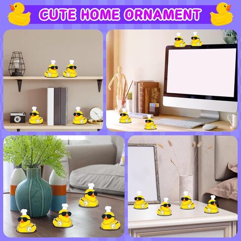 زينة لوحة قيادة السيارة على شكل بطة مطاطية مع قبعة صغيرة، نظارات شمسية، قلادة ذهبية، ملعقة ووعاء، 4 أشرطة لاصقة، ملحقات سيارة مضحكة (أصفر) in Kuwait