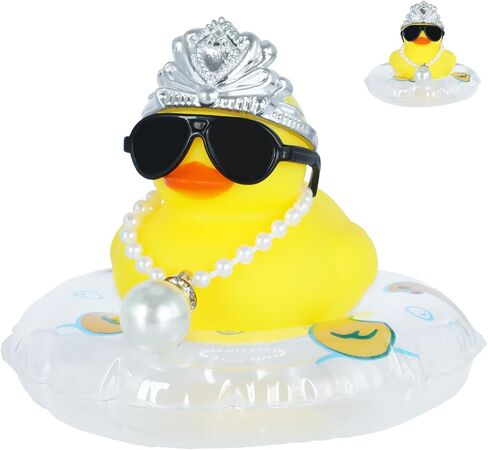 1pcs Duckeys Rubber Duck with Crown, Sunglasses, Pearl Necklace & Swim Ring - Funny Car Dashboard Decorations, Squeaky Stress Relief Toy for Office Home Gift (Yellow) in Kuwait