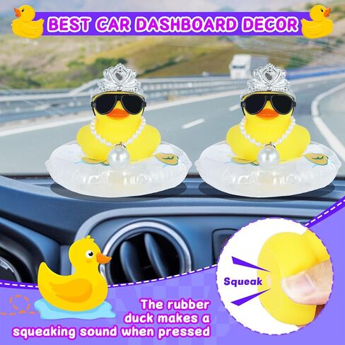 1pcs Duckeys Rubber Duck with Crown, Sunglasses, Pearl Necklace & Swim Ring - Funny Car Dashboard Decorations, Squeaky Stress Relief Toy for Office Home Gift (Yellow) in Kuwait
