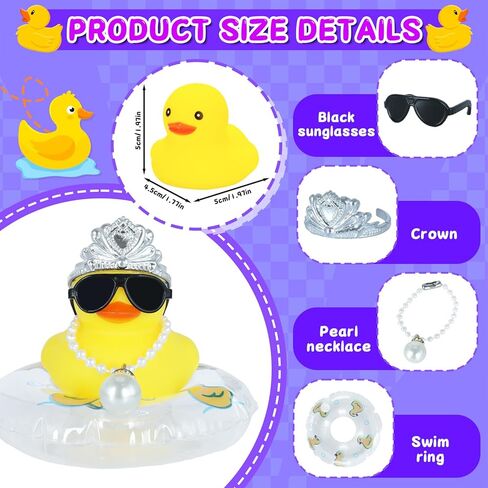 1pcs Duckeys Rubber Duck with Crown, Sunglasses, Pearl Necklace & Swim Ring - Funny Car Dashboard Decorations, Squeaky Stress Relief Toy for Office Home Gift (Yellow) in Kuwait