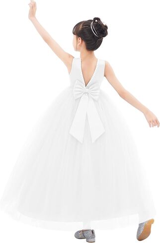 ekidsbridal فستان فتاة الزهرة من الساتان بظهر على شكل حرف V مع زخرفة مطرزة باللؤلؤ لمسابقة الزفاف 241 in Kuwait
