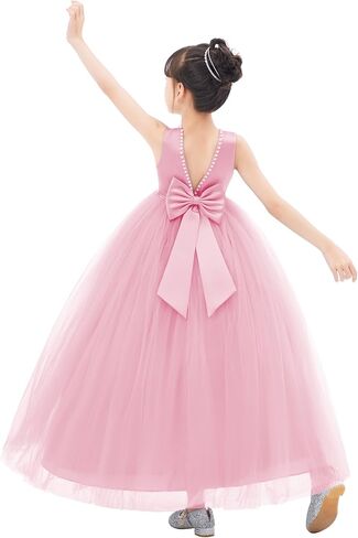 ekidsbridal فستان فتاة الزهرة من الساتان بظهر على شكل حرف V مع زخرفة مطرزة باللؤلؤ لمسابقة الزفاف 241 in Kuwait