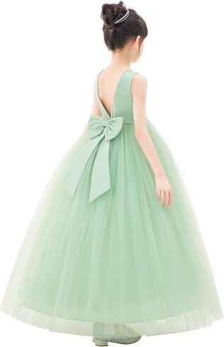 ekidsbridal فستان فتاة الزهرة من الساتان بظهر على شكل حرف V مع زخرفة مطرزة باللؤلؤ لمسابقة الزفاف 241 in Kuwait