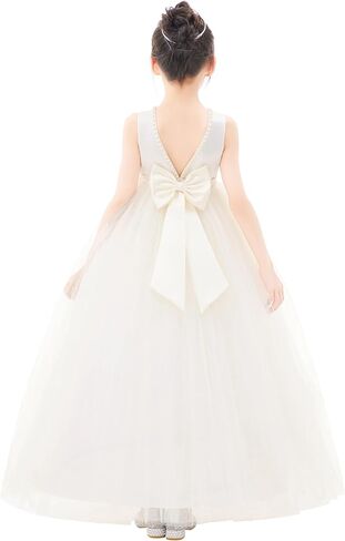 ekidsbridal فستان فتاة الزهرة من الساتان بظهر على شكل حرف V مع زخرفة مطرزة باللؤلؤ لمسابقة الزفاف 241 in Kuwait
