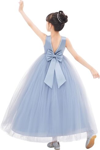 ekidsbridal فستان فتاة الزهرة من الساتان بظهر على شكل حرف V مع زخرفة مطرزة باللؤلؤ لمسابقة الزفاف 241 in Kuwait