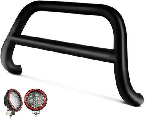 لوحة Black Horse A Bar No Skid Plate باللون الأسود تأتي مع زوج من 5.3 بوصة Dia. مصابيح LED مع حلقات زخرفة حمراء متوافقة مع 1999-2004 Jeep Grand Cherokee-CBB-JEB4001-PLFR in Saudi Arabia