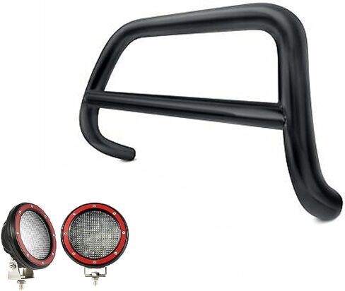 لوحة Black Horse A Bar No Skid Plate باللون الأسود تأتي مع زوج من 5.3 بوصة Dia. مصابيح LED مع حلقات زخرفة حمراء متوافقة مع 1999-2004 Jeep Grand Cherokee-CBB-JEB4001-PLFR in Saudi Arabia