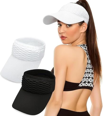 2 Pack Women’s Sun Visor Hats – One Size Fits All Knitted Brim Sports Hat, Black & White Quick Dry Elastic Empty Top Summer Hat for Golf in Saudi Arabia