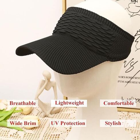2 Pack Women’s Sun Visor Hats – One Size Fits All Knitted Brim Sports Hat, Black & White Quick Dry Elastic Empty Top Summer Hat for Golf in Saudi Arabia