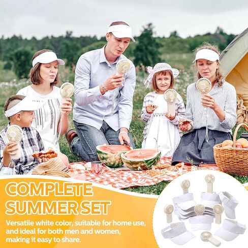 Summer Bundle 12 White Visor Sun Hats & Portable Mini Fans - Ideal for Travel, Outdoor Sports, and Unisex Fashion in Saudi Arabia