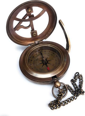 بوصلة شمسية من النحاس مع حقيبة جلدية وسلسلة - بوصلة مفتوحة بالضغط - إكسسوار Steampunk - لمسة نهائية عتيقة - هدية جميلة مصنوعة يدويًا - ساعة شمسية - هدية بوصلة جيب in Saudi Arabia