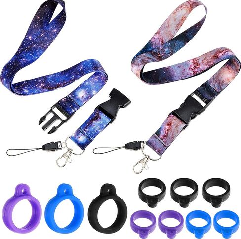 Shappy 12 Pcs Starry Sky Anti Lost Lanyard 2 Neck Strap 10 Ring Adjustable Holder Detachable for Key Keychain ID Badges Card(Black, Blue, Purple) in Kuwait