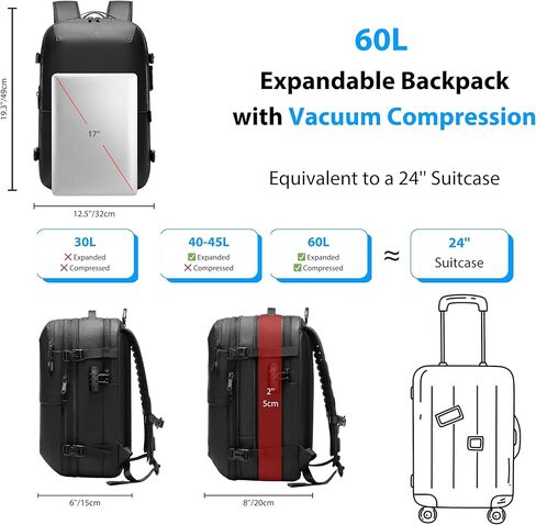 Vacuum Backpack Travel with Pump, 60L Expandable Airbag Travel Backpack, Travel Backpack with Vacuum System, TSA Lock, USB Charging Port, Water Resistant in Saudi Arabia