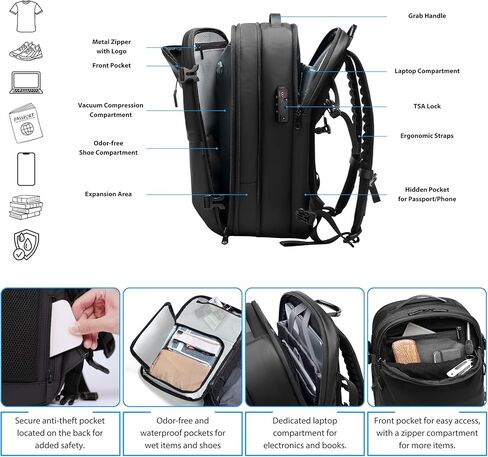 Vacuum Backpack Travel with Pump, 60L Expandable Airbag Travel Backpack, Travel Backpack with Vacuum System, TSA Lock, USB Charging Port, Water Resistant in Saudi Arabia