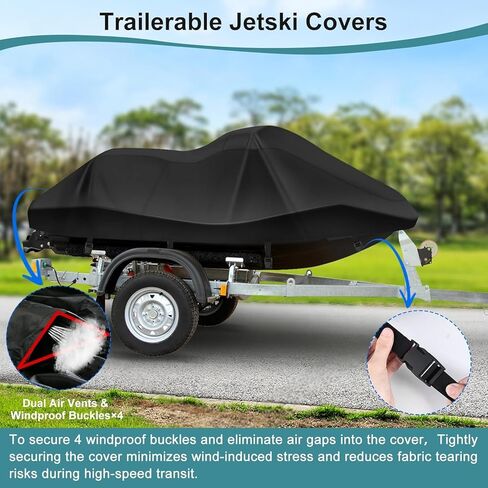 غطاء جت سكي 500D، شريط مقاوم للماء عالي التحمل للأشعة فوق البنفسجية 2 غطاء جت سكي 3 مقاعد، درجة بحرية متينة، 2 فتحات تهوية، 4 أبازيم مقاومة للرياح، غطاء جت سكي عالمي لياماها سيدو 115 بوصة - 120 بوصة in Kuwait