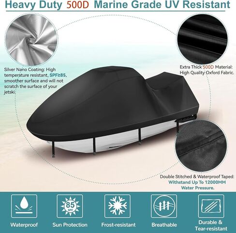 غطاء جت سكي 500D، شريط مقاوم للماء عالي التحمل للأشعة فوق البنفسجية 2 غطاء جت سكي 3 مقاعد، درجة بحرية متينة، 2 فتحات تهوية، 4 أبازيم مقاومة للرياح، غطاء جت سكي عالمي لياماها سيدو 115 بوصة - 120 بوصة in Kuwait