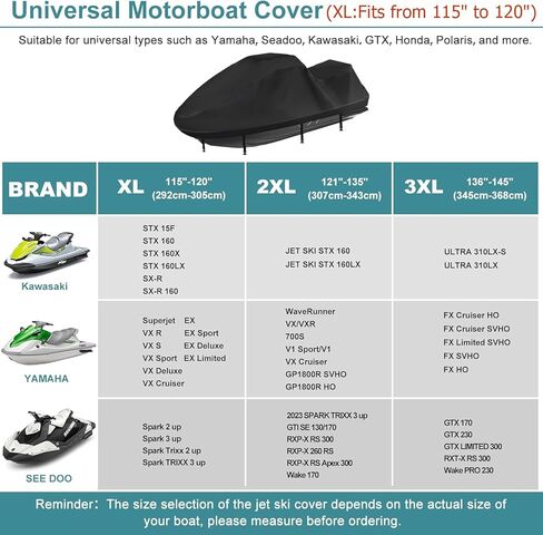 غطاء جت سكي 500D، شريط مقاوم للماء عالي التحمل للأشعة فوق البنفسجية 2 غطاء جت سكي 3 مقاعد، درجة بحرية متينة، 2 فتحات تهوية، 4 أبازيم مقاومة للرياح، غطاء جت سكي عالمي لياماها سيدو 115 بوصة - 120 بوصة in Kuwait