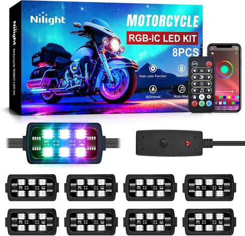 Nilight 8PCS Motorcycle Dream Color LED Strip Lights Kit Waterproof Multicolor Atmosphere Neon Accent Lights Pods Lamp APP and Remote Control Underbody Strips for Harley Davidson Honda Kawasaki Suzuki in Saudi Arabia