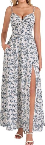 EYNMIN Floral Maxi Wedding Guest Dresses for Women Summer Milkmaid Sundress Flowy Smocked Slit Tea Party Dress with Pocket in Kuwait