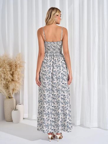 EYNMIN Floral Maxi Wedding Guest Dresses for Women Summer Milkmaid Sundress Flowy Smocked Slit Tea Party Dress with Pocket in Kuwait