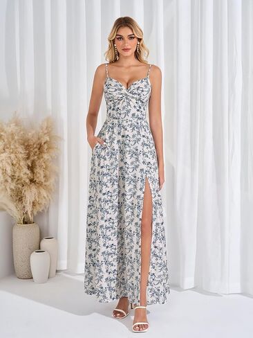 EYNMIN Floral Maxi Wedding Guest Dresses for Women Summer Milkmaid Sundress Flowy Smocked Slit Tea Party Dress with Pocket in Kuwait