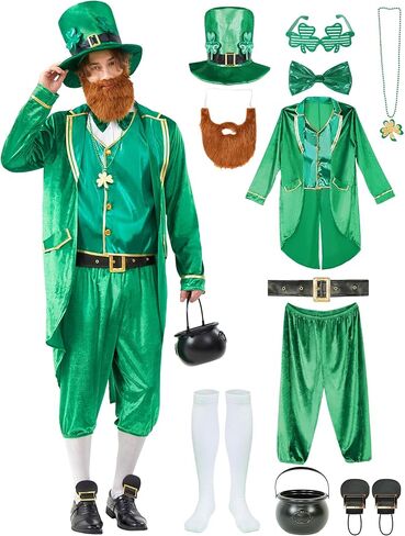 زي Leprechaun للرجال البالغين في عيد القديس باتريك 11 قطعة بدلة معطف خلفي أيرلندي أخضر لحفلات المهرجانات والهالوين in Kuwait