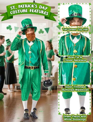زي Leprechaun للرجال البالغين في عيد القديس باتريك 11 قطعة بدلة معطف خلفي أيرلندي أخضر لحفلات المهرجانات والهالوين in Kuwait