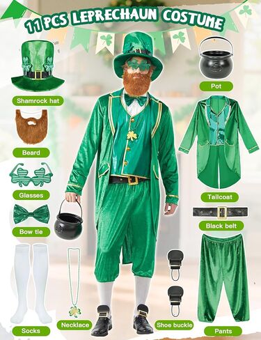 زي Leprechaun للرجال البالغين في عيد القديس باتريك 11 قطعة بدلة معطف خلفي أيرلندي أخضر لحفلات المهرجانات والهالوين in Kuwait