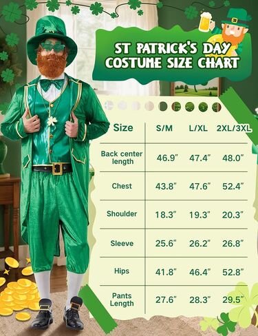 زي Leprechaun للرجال البالغين في عيد القديس باتريك 11 قطعة بدلة معطف خلفي أيرلندي أخضر لحفلات المهرجانات والهالوين in Kuwait