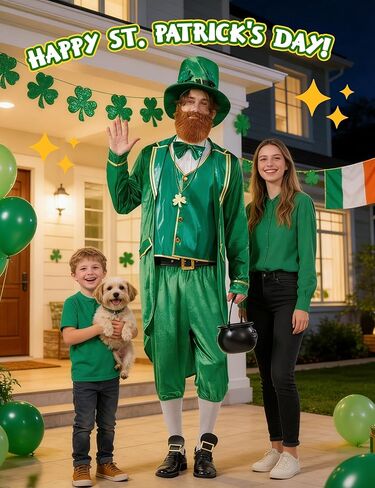 زي Leprechaun للرجال البالغين في عيد القديس باتريك 11 قطعة بدلة معطف خلفي أيرلندي أخضر لحفلات المهرجانات والهالوين in Kuwait