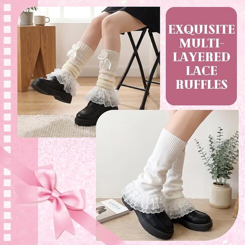 Cuffbow 6 Pairs Lolita Leg Warmers Knit White Cutecore Kawaii Leg Warmers with Bow and Lace Cute Japanese Knee High Socks Y2k Lolita Accessories for Women in Saudi Arabia