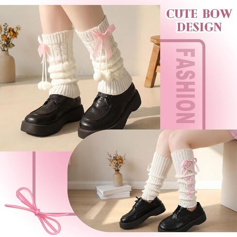 Cuffbow 6 Pairs Lolita Leg Warmers Knit White Cutecore Kawaii Leg Warmers with Bow and Lace Cute Japanese Knee High Socks Y2k Lolita Accessories for Women in Saudi Arabia