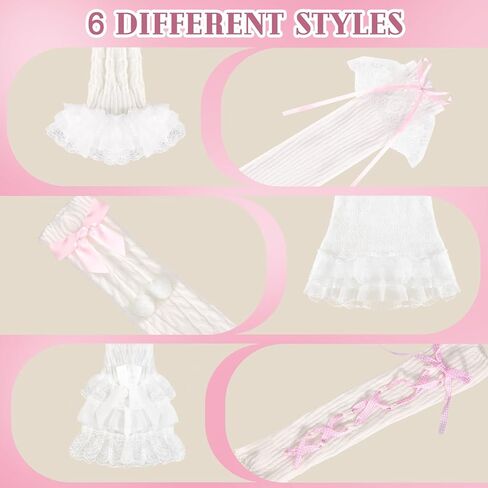 Cuffbow 6 Pairs Lolita Leg Warmers Knit White Cutecore Kawaii Leg Warmers with Bow and Lace Cute Japanese Knee High Socks Y2k Lolita Accessories for Women in Saudi Arabia
