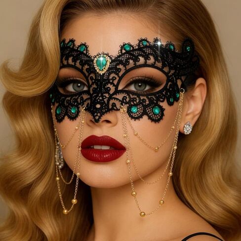 Rhinestone Masquerade Mask for Women Black Venetian Lace Costume Masks Shiny Tassel Beads Face Mask in Saudi Arabia