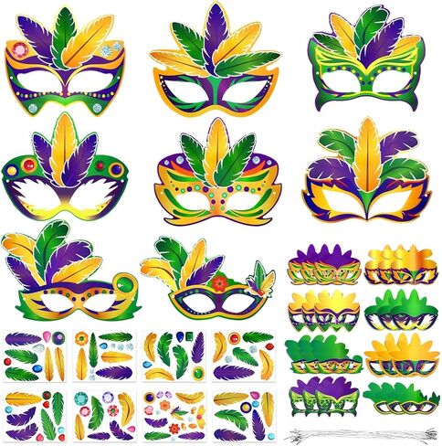 Jansun 24-Pack Mardi Masquerade Gras Masks, Party Masks with Feathers Stickers Carnival Costumes Outfits Accessories in Saudi Arabia