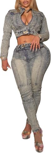 LAJIOJIO Women's 2 Piece Denim Outfits Sexy Y2K Bodycon Stretch Sets Long Sleeve Zip Up Cropped Jacket Skinny Jean Set in Saudi Arabia