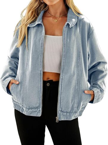 Glamaker Womens Denim Jacket Zip Up Spring Fall Casual Jean Jacket Relaxed Fit Classic Denim Coat in Saudi Arabia