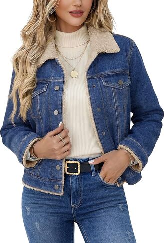 YUCOLEN Women's Denim Jacket Sherpa Lined Fleece Jean Coat Fur Collared Warm Button Down Trucker Jackets with Pockets in Saudi Arabia