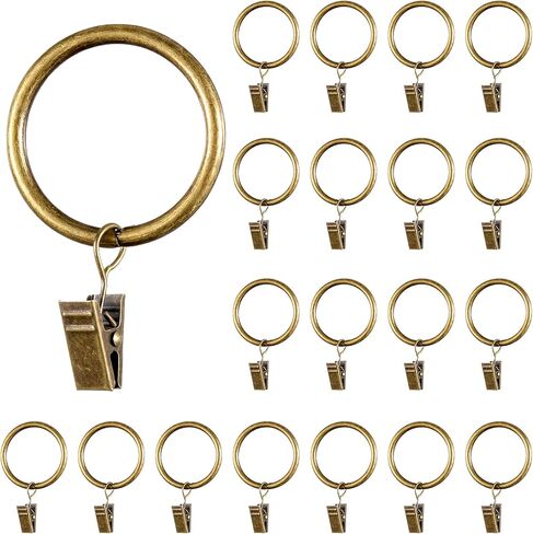 1.7 Inch Curtain Rings with Clips, 20 PCS Drapery Curtain Clip Rings Antique Brass Metal Window Drapery Decorative Clips Curtains Hooks Hangers Clip Ring for Panels Bathroom Living Fit Up to 1.0-1.25 in Saudi Arabia