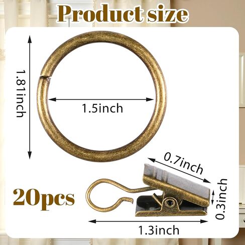 1.7 Inch Curtain Rings with Clips, 20 PCS Drapery Curtain Clip Rings Antique Brass Metal Window Drapery Decorative Clips Curtains Hooks Hangers Clip Ring for Panels Bathroom Living Fit Up to 1.0-1.25 in Saudi Arabia