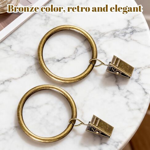 1.7 Inch Curtain Rings with Clips, 20 PCS Drapery Curtain Clip Rings Antique Brass Metal Window Drapery Decorative Clips Curtains Hooks Hangers Clip Ring for Panels Bathroom Living Fit Up to 1.0-1.25 in Saudi Arabia