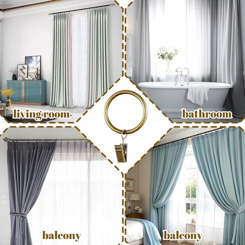 1.7 Inch Curtain Rings with Clips, 20 PCS Drapery Curtain Clip Rings Antique Brass Metal Window Drapery Decorative Clips Curtains Hooks Hangers Clip Ring for Panels Bathroom Living Fit Up to 1.0-1.25 in Saudi Arabia