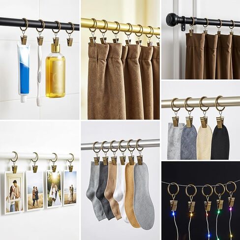 1.7 Inch Curtain Rings with Clips, 20 PCS Drapery Curtain Clip Rings Antique Brass Metal Window Drapery Decorative Clips Curtains Hooks Hangers Clip Ring for Panels Bathroom Living Fit Up to 1.0-1.25 in Saudi Arabia