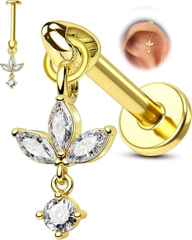 cocharm 16g زهرة الغضروف القرط العمودي الحلزون ثقب المجوهرات، شقة الظهر ثقب مسمار للغضروف، تصميم استرخى، الذهب والفضة لهجة الفص اللولب القرط مسمار in Kuwait