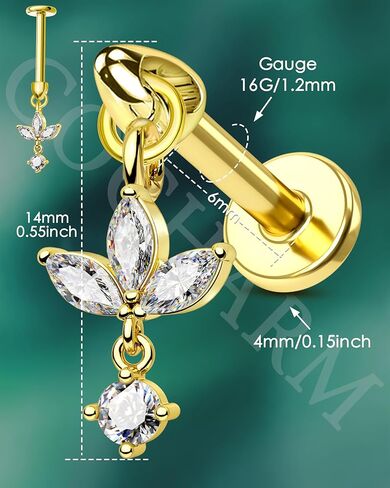 cocharm 16g زهرة الغضروف القرط العمودي الحلزون ثقب المجوهرات، شقة الظهر ثقب مسمار للغضروف، تصميم استرخى، الذهب والفضة لهجة الفص اللولب القرط مسمار in Kuwait