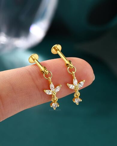 cocharm 16g زهرة الغضروف القرط العمودي الحلزون ثقب المجوهرات، شقة الظهر ثقب مسمار للغضروف، تصميم استرخى، الذهب والفضة لهجة الفص اللولب القرط مسمار in Kuwait