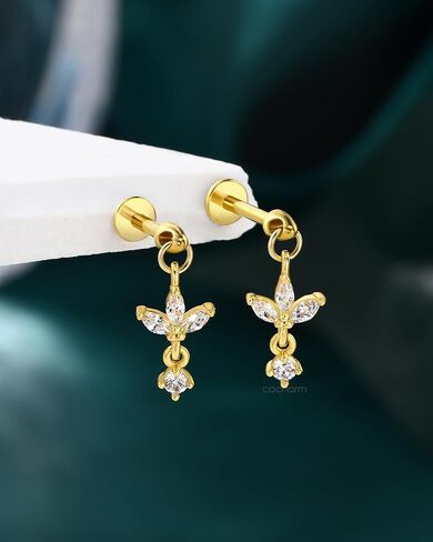 cocharm 16g زهرة الغضروف القرط العمودي الحلزون ثقب المجوهرات، شقة الظهر ثقب مسمار للغضروف، تصميم استرخى، الذهب والفضة لهجة الفص اللولب القرط مسمار in Kuwait