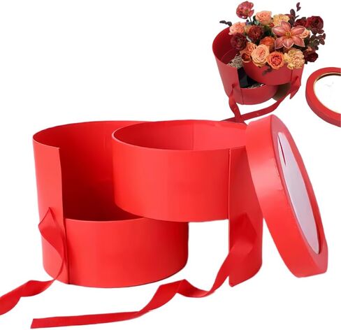 BBJ WRAPS Pink Flower Round Box with Lid for Floral Arrangements, Double Layers Rotating Drawer Flower Bouquet Paper Gift Boxes Packaging, 1 Set, 7.5"(D) x 6.5"(H) (Pink) in Kuwait
