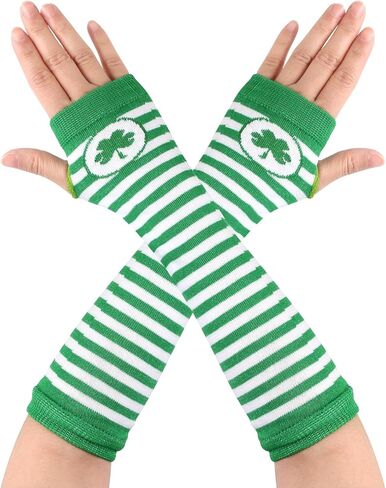 Green Striped Shamrock Fingerless Gloves for Women Men, Gothic Arm Warmers Winter Fashion for St Patricks Day Halloween Holiday Party Use, 1 Pair in Kuwait
