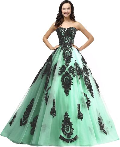 Kivary Long Ball Gown Black Lace Gothic Corset Formal Prom Evening Dresses in Saudi Arabia